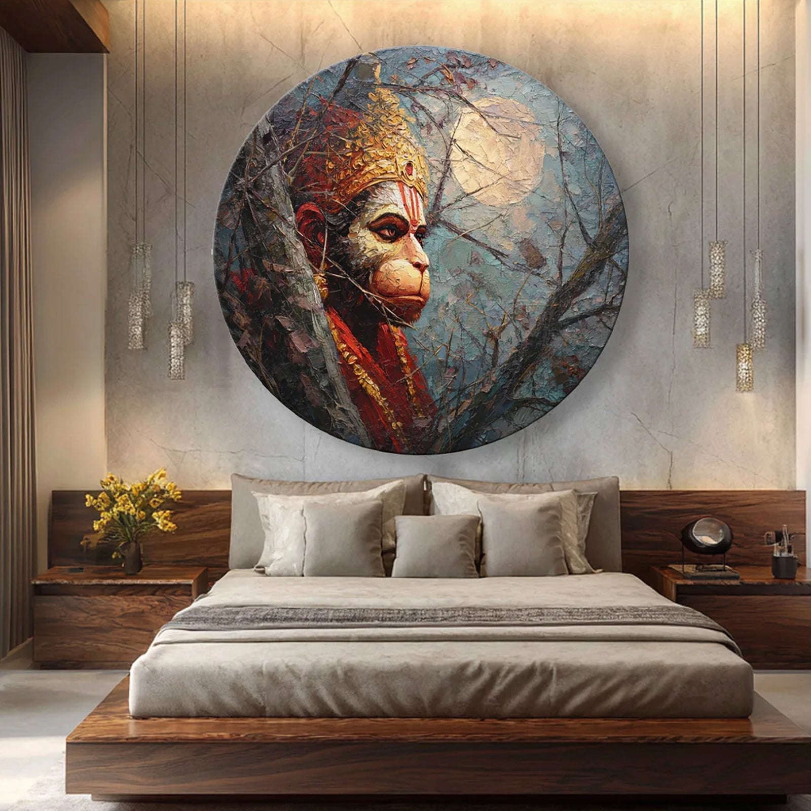 Hanuman Ji Round Wall Art | Spiritual Textured Abstract Painting