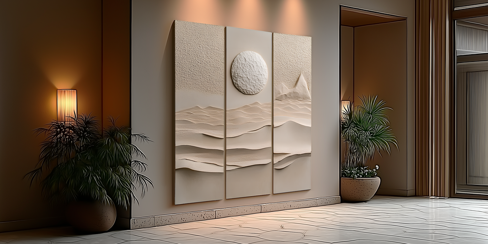Modern interior with wall art depicting a landscape, plants, and warm lighting.