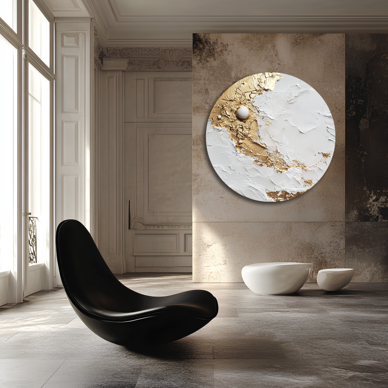 Textured golden circle art for elegant living room decor.