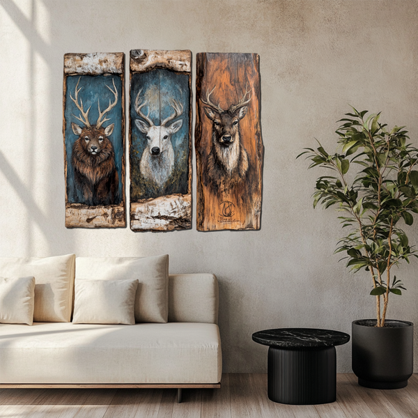 Deer Triplet on Wood 3D art