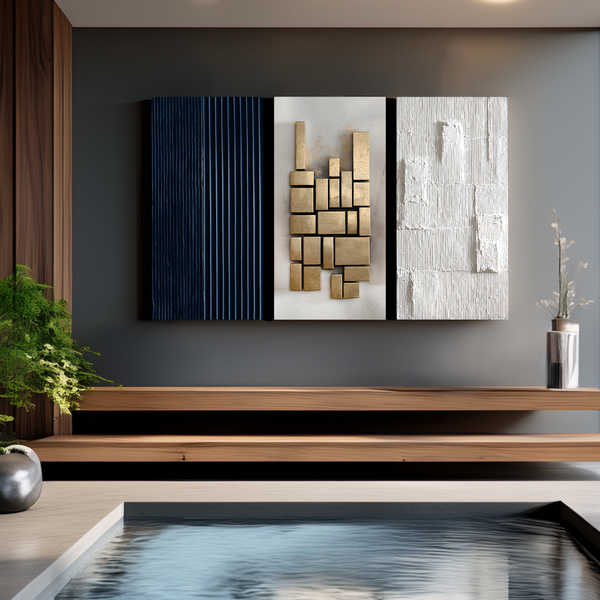 Textured Triptych in Navy Gold & White