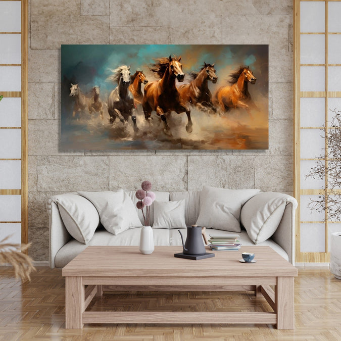 4 Brown and 3 White horses running in abstract background, water