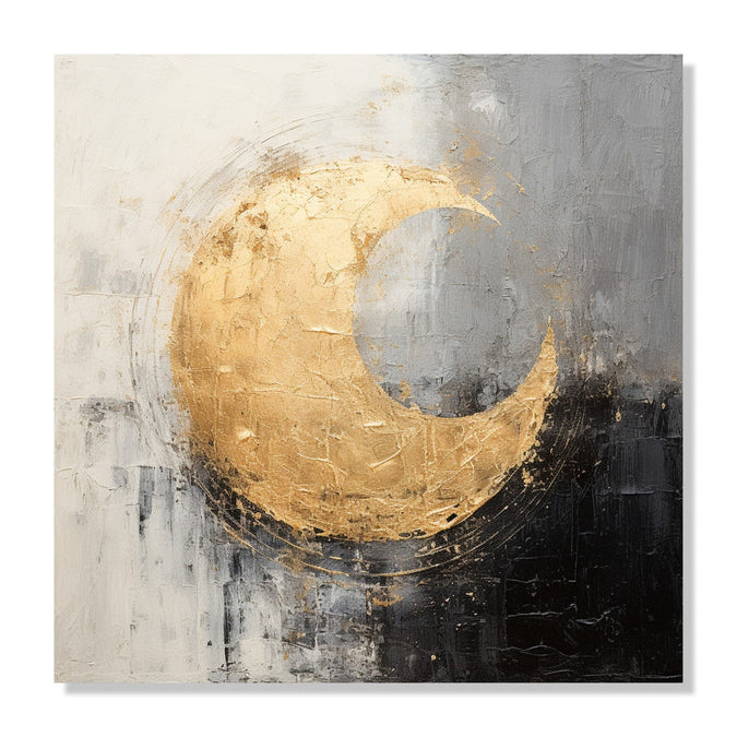 Painting for Living Room:Black Grey and white abstract background with Golden circle in the middle with 1/4 area empty