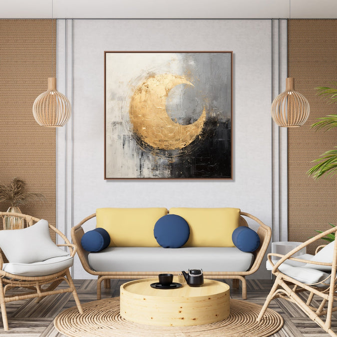 Painting for Home:Black Grey and white abstract background with Golden circle in the middle with 1/4 area empty