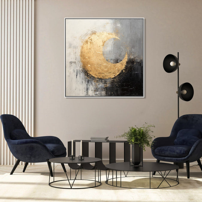 Painting for Drawing Room: Black Grey and white abstract background with Golden circle in the middle with 1/4 area empty