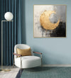 Large Painting for Drawing Room: Black Grey and white abstract background with Golden circle in the middle with 1/4 area empty