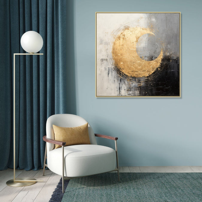 Large Painting for Drawing Room: Black Grey and white abstract background with Golden circle in the middle with 1/4 area empty