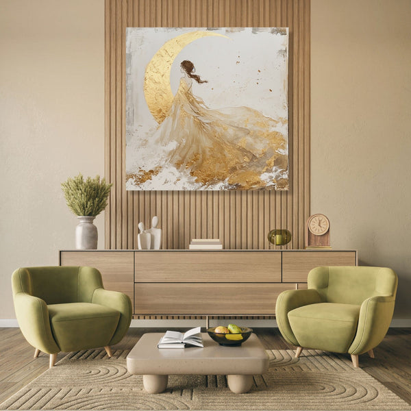 Asian Abstract of a woman standing in front of a 1/4th golden moon in a white and glden gown, brown hair, abstract background