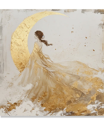 Painting for Living Room:Asian Abstract of a woman standing in front of a 1/4th golden moon in a white and glden gown, brown hair, abstract background