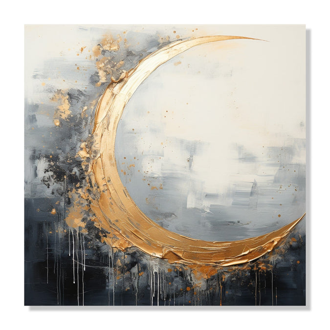 Painting for Living Room:Black, grey and white abstract with Gold colour 3/4th moon shape