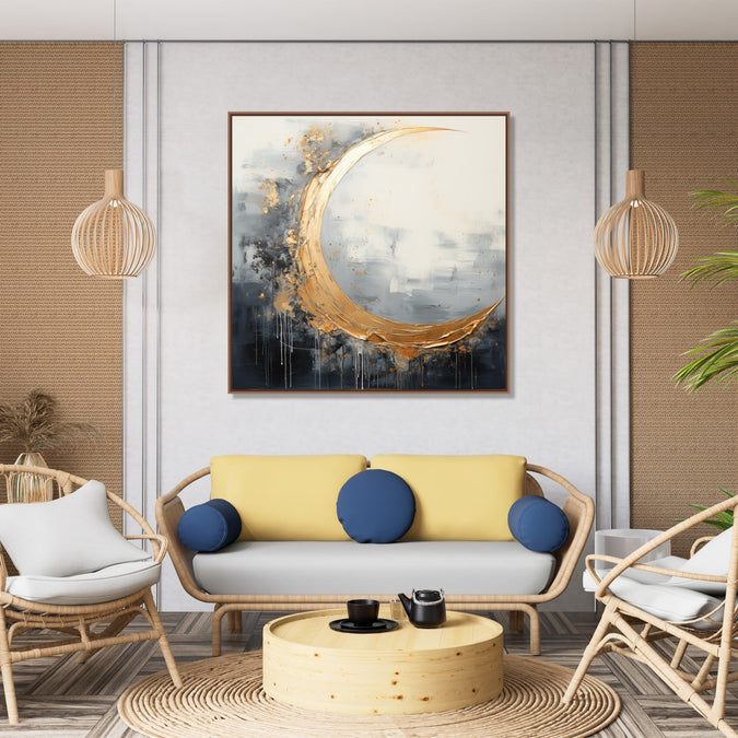 Painting for Home:Black, grey and white abstract with Gold colour 3/4th moon shape