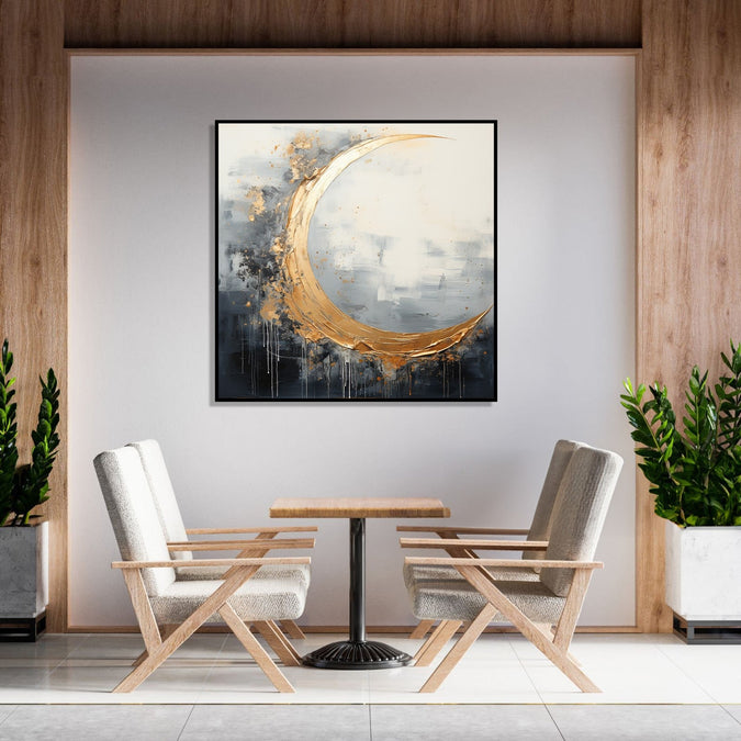 Painting for Bedroom: Black, grey and white abstract with Gold colour 3/4th moon shape