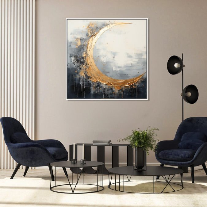 Painting for Drawing Room: Black, grey and white abstract with Gold colour 3/4th moon shape