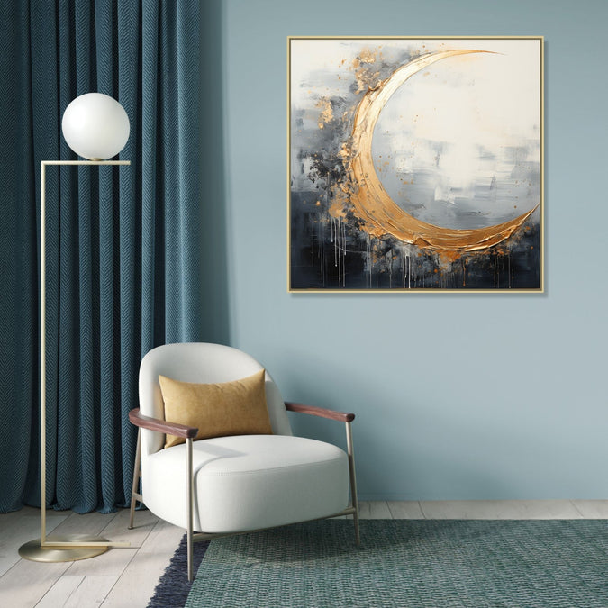 Large Painting for Drawing Room: Black, grey and white abstract with Gold colour 3/4th moon shape