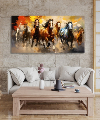 5 Brown horses, 1 White and 1 blue Horse, running in abstract background of Yellow, Red, Orance and grey heus