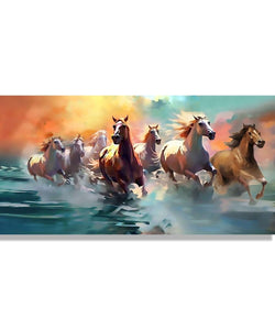 5 white and 2 brown horses, blue water and orange blue sky, in semi abstract 