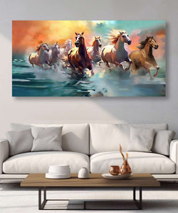 5 white and 2 brown horses, blue water and orange blue sky, in semi abstract Room 1