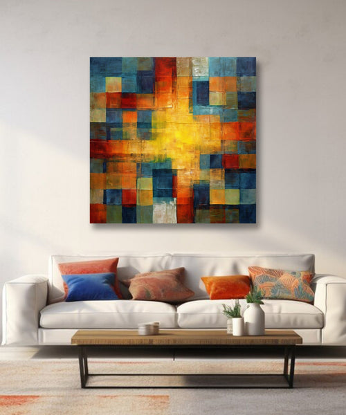 abstract painting of Yellow and blue shaded square grid with bright yellow centre Room 1