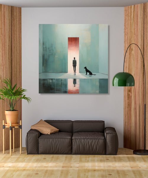 A Man in door frame and a dog by his side in a minimalistic room