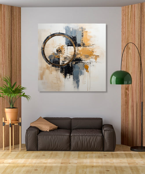 Abstract with One black outline circle and strokes of grey, black and yellow with off white background