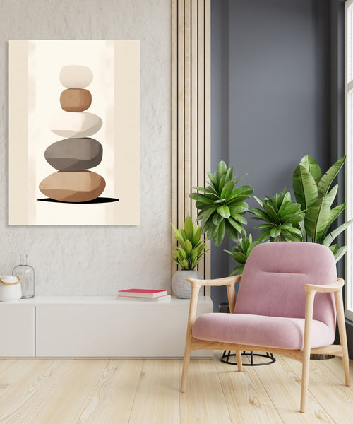 A stone tower in beige, brown, white an dgrey colours. Off white background