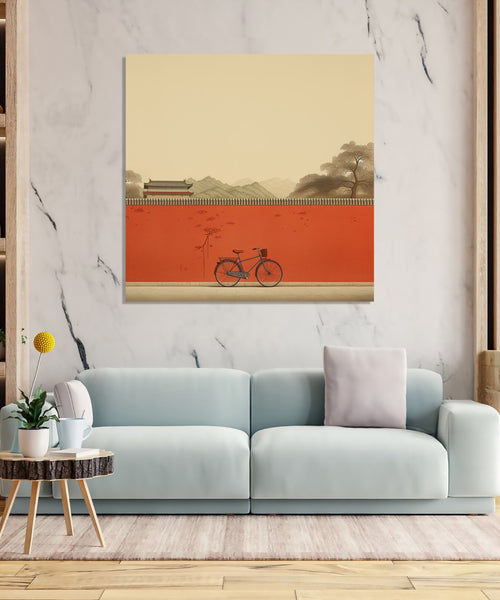 Asian Painting with cycle against an orange wall
