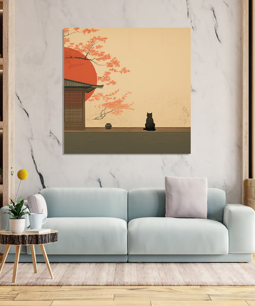 Asian painting with a Cat staring in nothingness along with a orange tree branch