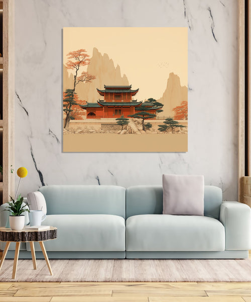 Asian Painting with a temple and mountain in background