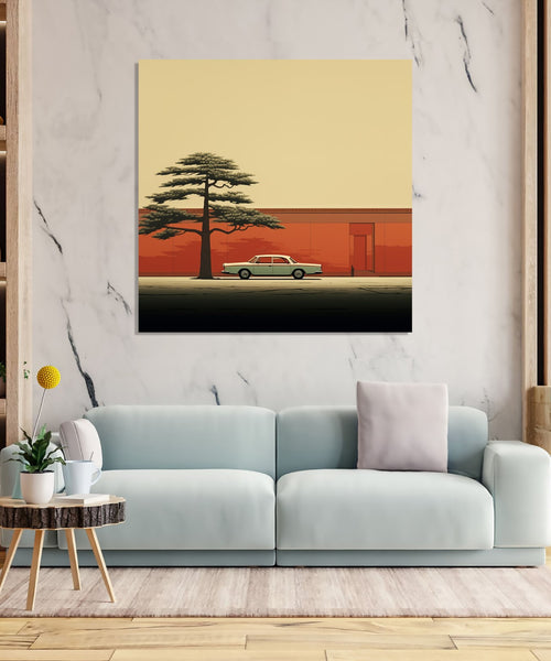 Asian Painting with a Tree and a Car infront of an Orange Wall