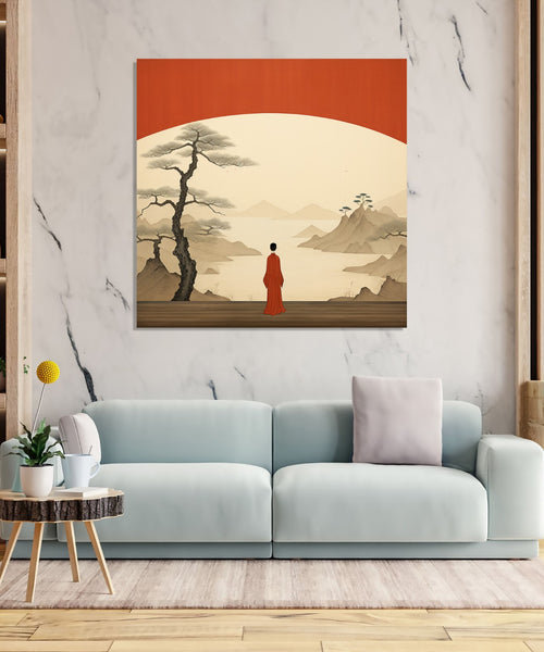 Asian Painting with a monk looking at hills, water and tree landscape