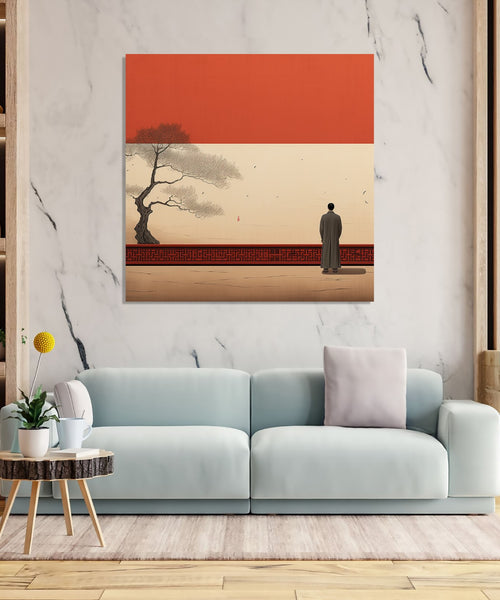 Asian Painting of a man standing and looking out to open space, with a tree on a side and Asian design wall