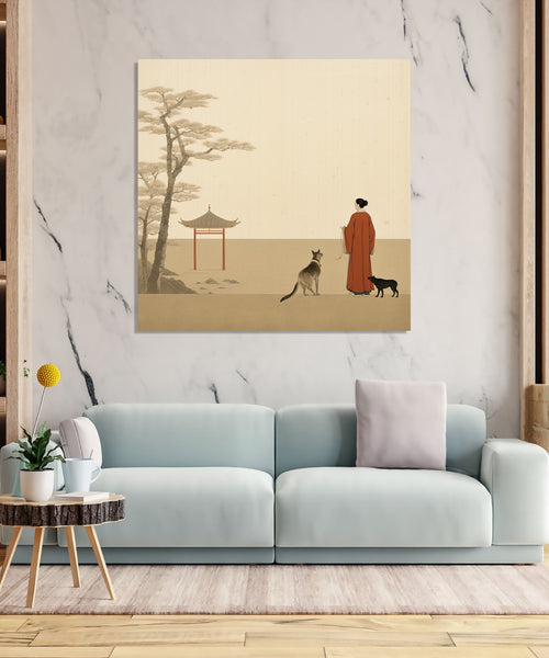 Asian Painting of a Woman with two dogs, trees and a small structure