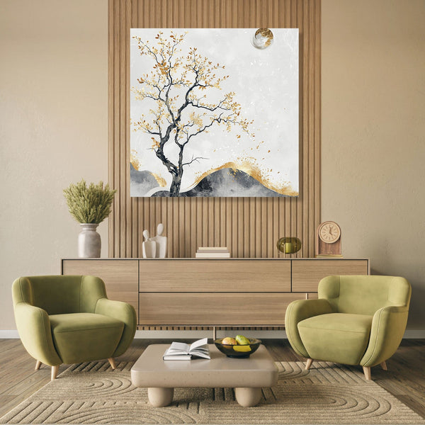 A Black tree with golden leaves, a small black hill with golden top and a White golden Moon in top right corner