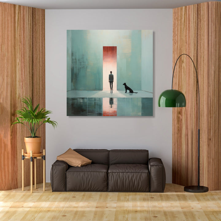 A Man in door frame and a dog by his side in a minimalistic room