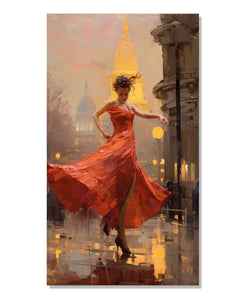 A Woman in red dress dancingon a street with european architecture in the background : Living room Painting