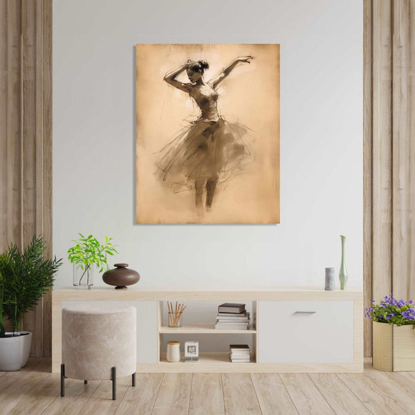 A bellet dancer, dancing with both her hands in air and rising on her toes, skirt and feets in abstract and merging in background of light beige color