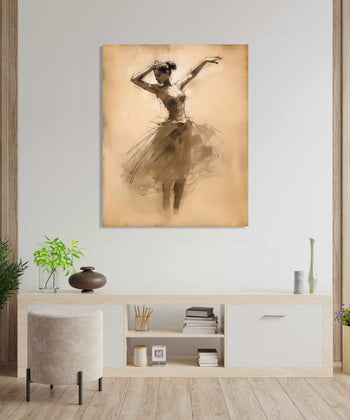 A bellet dancer, dancing with both her hands in air and rising on her toes, skirt and feets in abstract and merging in background of light beige color