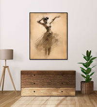 A bellet dancer, dancing with both her hands in air and rising on her toes, skirt and feets in abstract and merging in background of light beige color : Bed room Painting