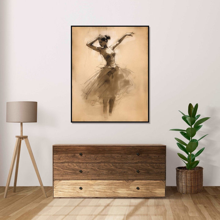 A bellet dancer, dancing with both her hands in air and rising on her toes, skirt and feets in abstract and merging in background of light beige color : Bed room Painting