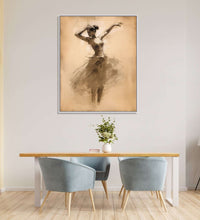 A bellet dancer, dancing with both her hands in air and rising on her toes, skirt and feets in abstract and merging in background of light beige color : Dining room Painting