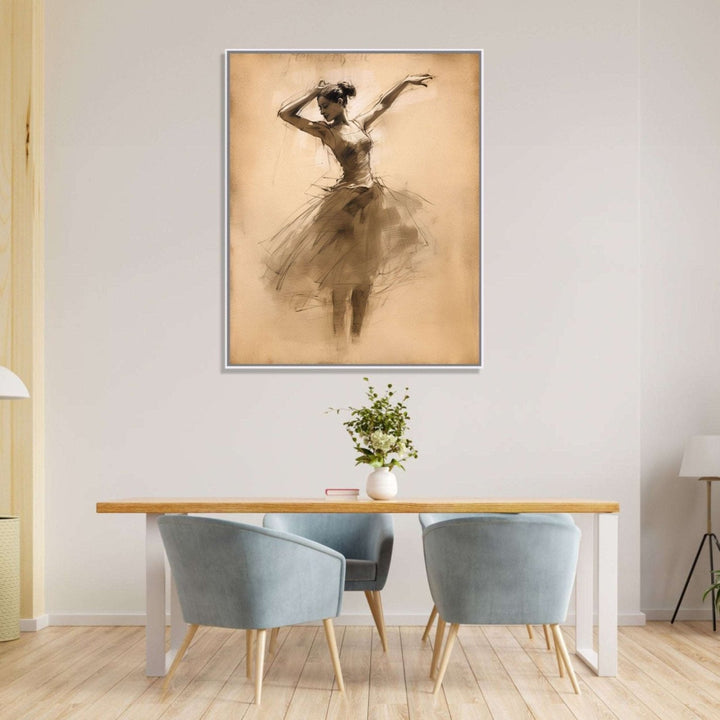 A bellet dancer, dancing with both her hands in air and rising on her toes, skirt and feets in abstract and merging in background of light beige color : Dining room Painting