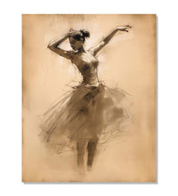 A bellet dancer, dancing with both her hands in air and rising on her toes, skirt and feets in abstract and merging in background of light beige color : Living room Painting