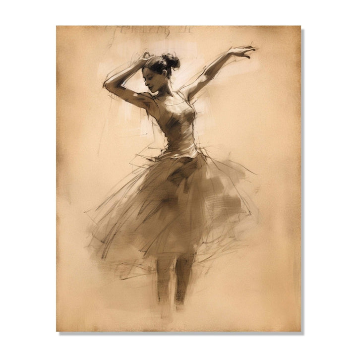A bellet dancer, dancing with both her hands in air and rising on her toes, skirt and feets in abstract and merging in background of light beige color : Living room Painting