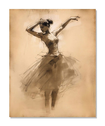 A bellet dancer, dancing with both her hands in air and rising on her toes, skirt and feets in abstract and merging in background of light beige color : Living room Painting