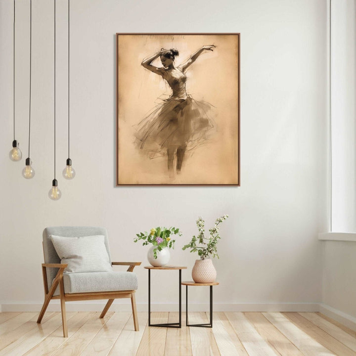 A bellet dancer, dancing with both her hands in air and rising on her toes, skirt and feets in abstract and merging in background of light beige color : Living room Paintings