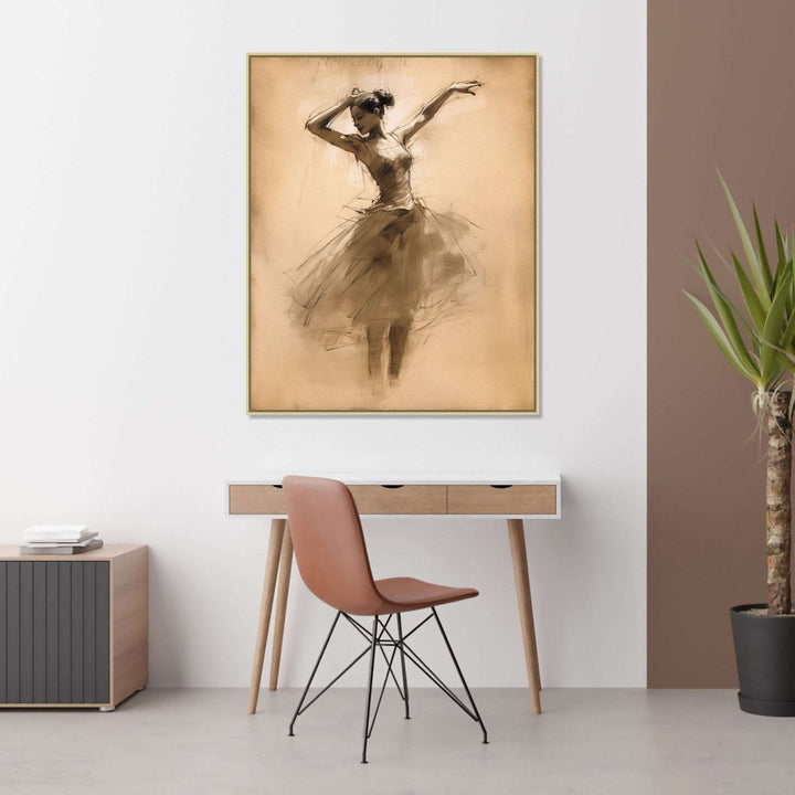 A bellet dancer, dancing with both her hands in air and rising on her toes, skirt and feets in abstract and merging in background of light beige color : Personal room Paintings