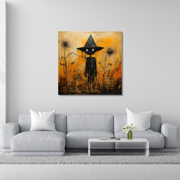 A black scarecrow stands as a sentinel in the midst of a desolate, withered crop set against a haunting orange background