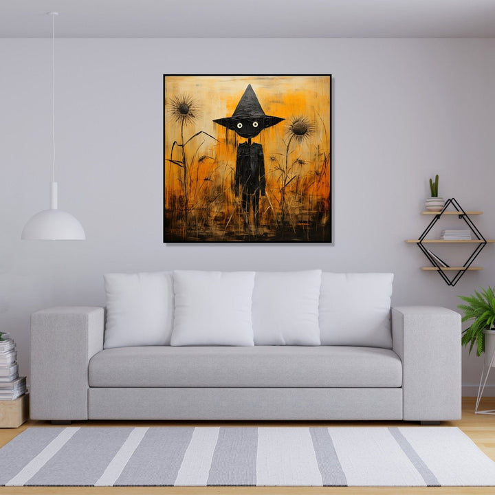 A black scarecrow stands as a sentinel in the midst of a desolate, withered crop set against a haunting orange background : Bed room Painting