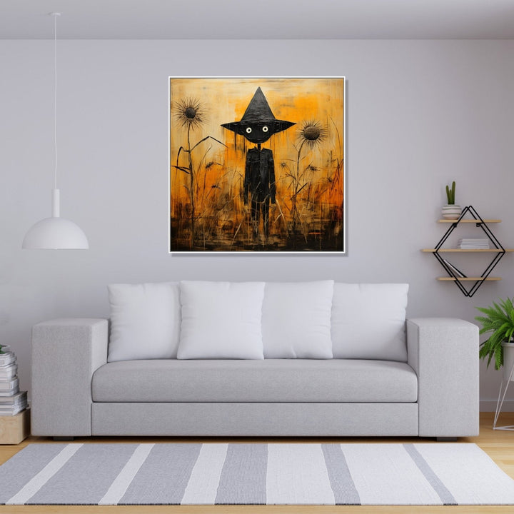 A black scarecrow stands as a sentinel in the midst of a desolate, withered crop set against a haunting orange background : Dining room Painting
