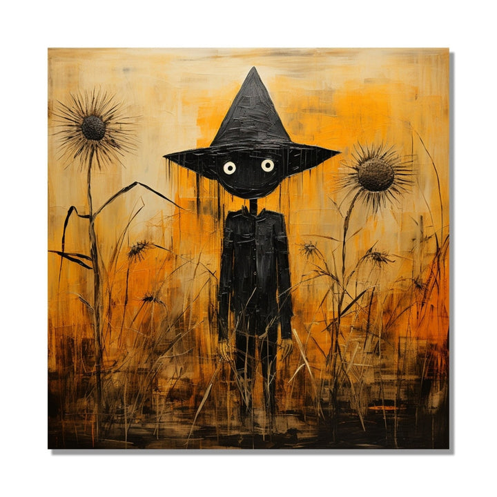 A black scarecrow stands as a sentinel in the midst of a desolate, withered crop set against a haunting orange background : Living room Painting